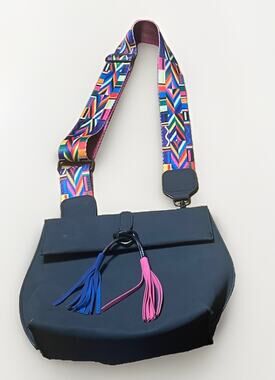 Threaded Pear EVA Rubber Saddle Crossbody Bag Black Geometric Aztec Strap Tassel